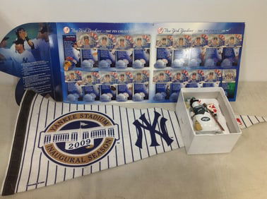 2013 NFL Jets Ornament, NY Yankees Pin Collection Book *ONLY ONE PIN*, and Yankees Banner (29in
