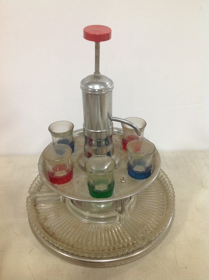 1930's Bakelite handle liquor dispenser(13.5in.tall) with glasses (1 of 1)
