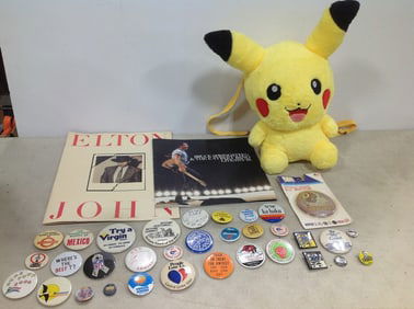 Pikachu backpack, vintage pins, and more
