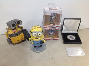Disney diecast collectibles(Stitch, Jack Skellington), Wall-E figure, Kobe Bryant silver coin with