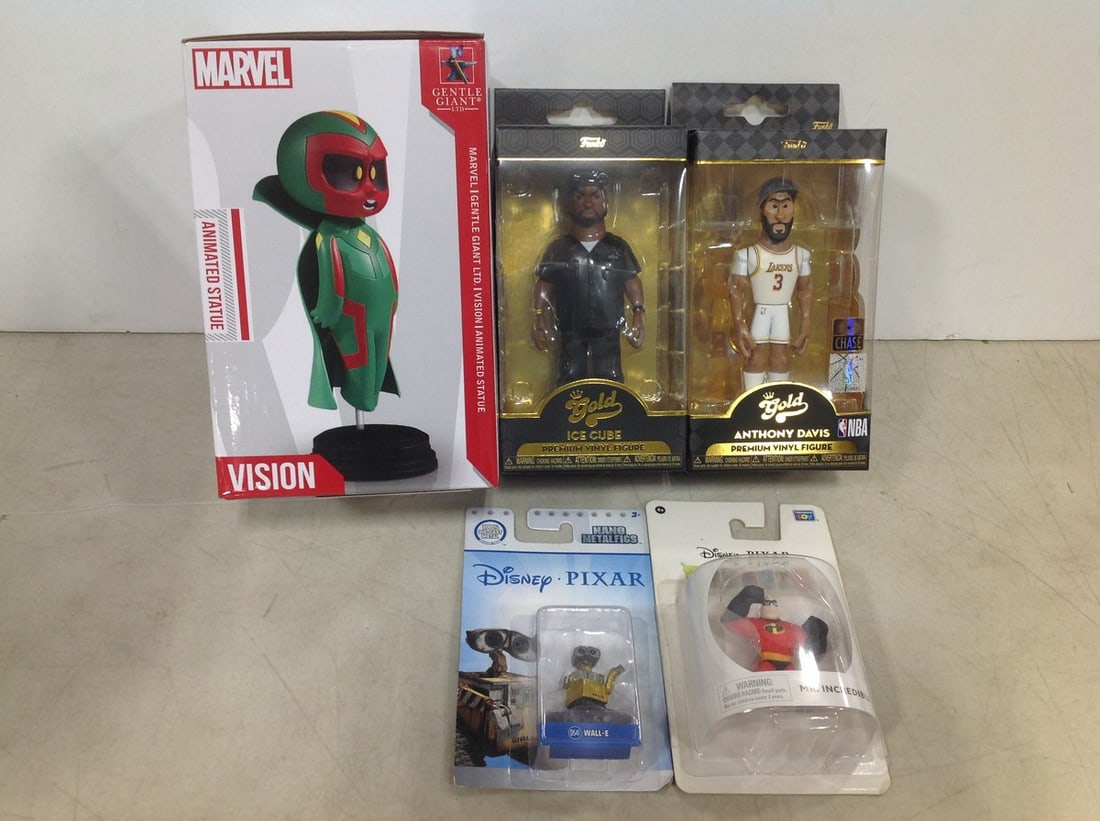 Funko Gold collectible figures(Anthony Davis, Ice Cube-new in box), Marvel vision animated statue, (1 of 1)