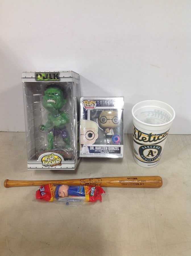 Dr.Harleen Qunzel Funko Pop collectible(new in box), Louisville Slugger wooden bat, Head Knocker: Dr.Harleen Qunzel Funko Pop collectible(new in box), Louisville Slugger wooden bat, Head Knocker Hulk collectible(new in box), and more