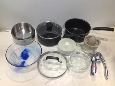 Various Pots, Glass/Metal Bowls, and more