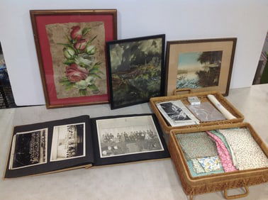 Various Framed Artwork (Largest - 13inx17in), Wicker Basket with Fabrics, Scrapbook, and more