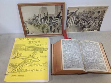 Vintage 1957 Catholic Bible, Federal Aviation Admin FAA Teachers Guide, War Veterans Photographs