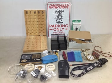 Wooden Bingo Board, Handyman Parking Sign, Radio Shack Micro Cassette Recorder, and more