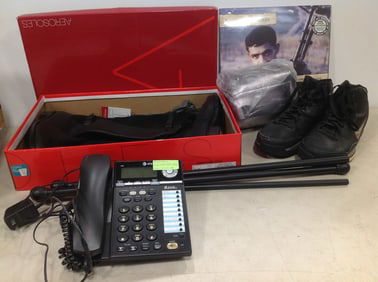 At&T Telephone, Aerosole Boots (Size: 7.5M), Nike Sneakers (Size: 10.5), Look Out Mania Record, and