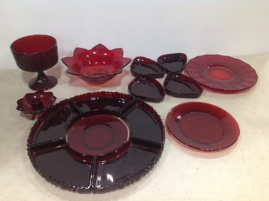 Various Red Glass (Dishes, Bowl, Candle Holder, and more) Tallest - 6in