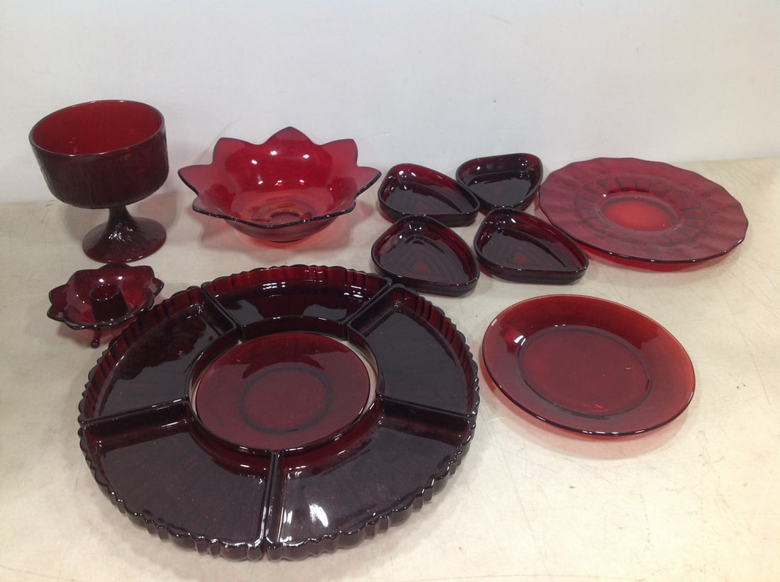 Various Red Glass (Dishes, Bowl, Candle Holder, and more) Tallest - 6in (1 of 1)