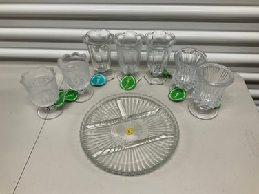Lot of Celery glass vases and serving tray