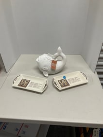 FIsh teapot and 2 serving trays