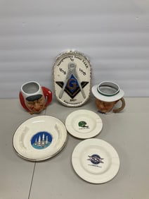 Lot of ass trays, mugs and 100th anniversary Masonic lodge