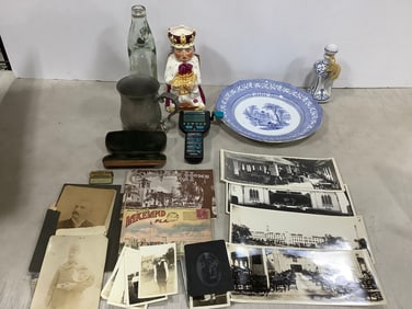 Vintage Photographs, Glass J Roberts Bottle, Hilliamsburg Stieff Pewter Cup, and more (Tallest -