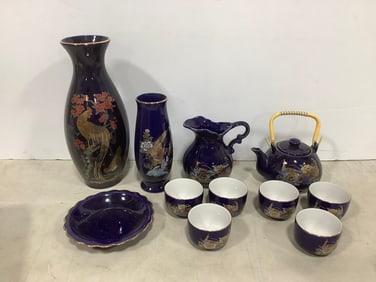 Cobalt Blue Gold Floral Peacock Teapot, Pitcher, Vase, Cups, and more (Tallest - 12in)