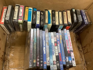 Various DVDs (Finding Nemo, Stand by Me, etc) and 8 Track Tapes (Mostly Diana Ross)
