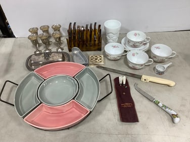 (Silver Cups and Butter Dish, Coaster Set, Ceramic Chip and Dip Dish, and more (Tallest - 5in)