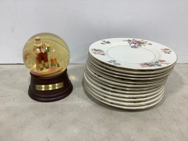 Home Run St. Nick snowglobe and Theodore Haviland plates(7.5in.across)