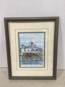 1994 Framed Hooper Strait Light art print signed Donna Elias (12.5in.x15.5in.)