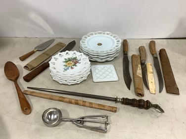 Vintage carving knives, Opaque decorative plates, and more