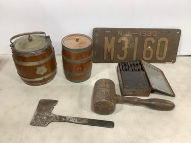 Vintage Barrel Ice Bucket (7in Tall), Drill Bit Set, License Plate, and more