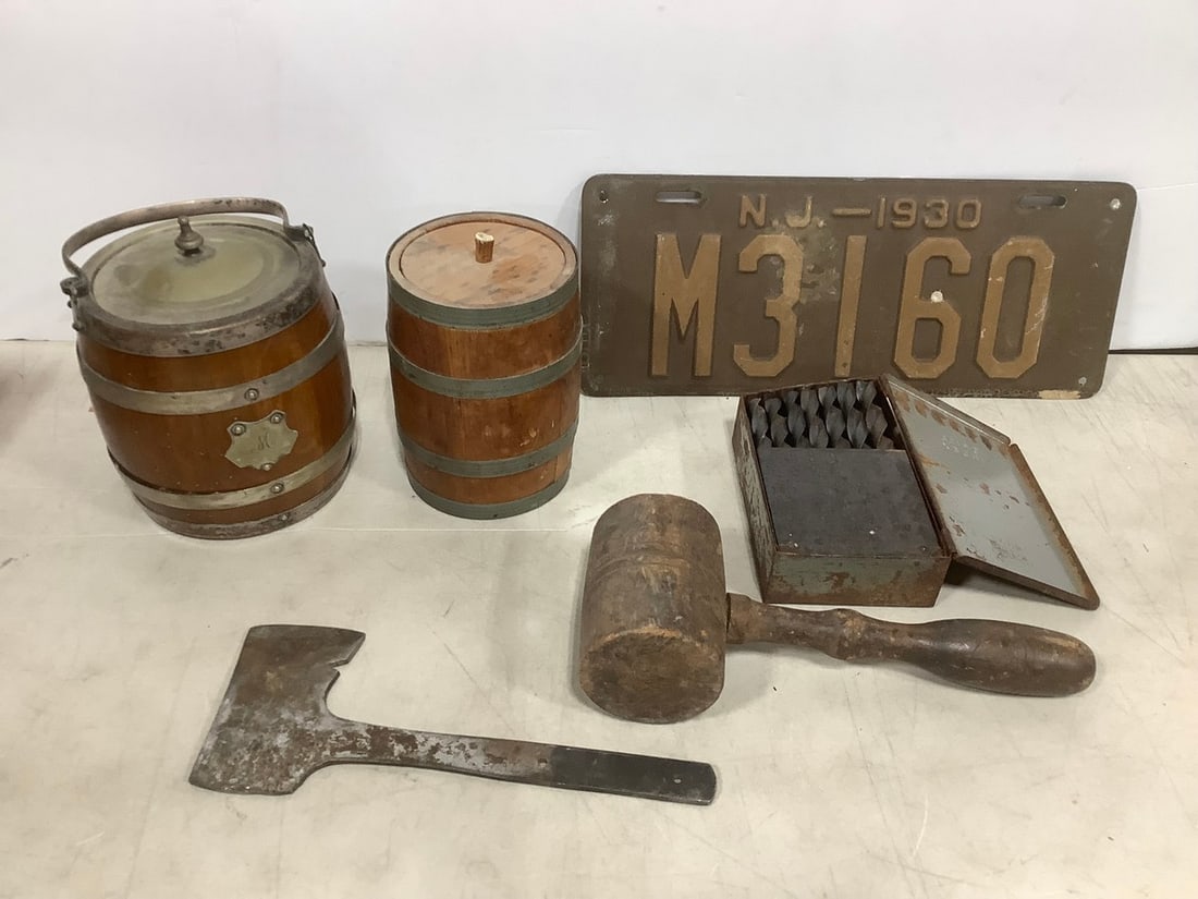 Vintage Barrel Ice Bucket (7in Tall), Drill Bit Set, License Plate, and more (1 of 1)