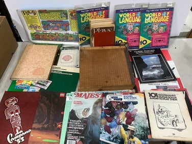 Various Magazines, Piano Books, Sing Along Music Cassette/Coloring Book, Ingento Paper Cutter, La