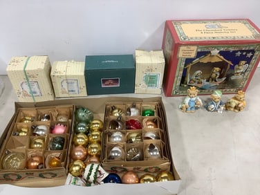 Vintage Cristmas ornaments, cherished teddies nativity figurines set, and more