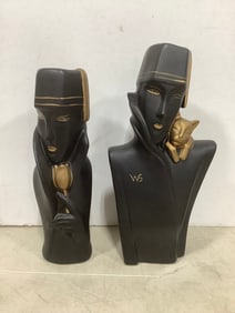 Vintage Art Deco Black & Gold Figurine & Vase (Tallest - 8in)