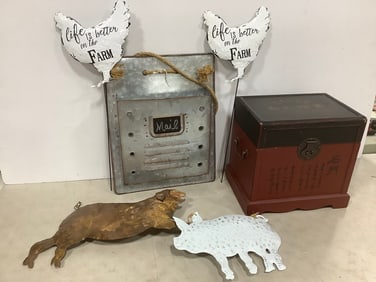 Oriental Wooden Box (11inx11inx8in), and Various Indoor/Outdoor Tin Decor