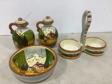 Vintage Hand Painted Dipinto Mano Siena Oil & Vinegar Cruet and Bowl Made in Italy (Tallest - 6.5in)
