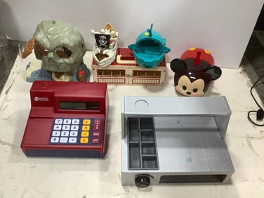 Various Childrens Toys (Cash Register, Mickey Mouse Bank, and more)