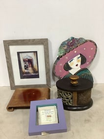 Framed wall decor(9.75in.x11.75in.), hanging necklace rack, and more