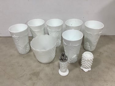 Milk glass cups, salt/pepper shaker, and more(tallest 6in.)