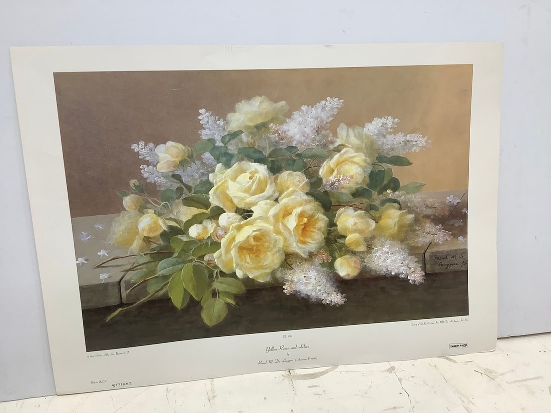 Yellow Roses and Lilacs by Rauol M. De Longpre(no.1710-20in.x28in.): Yellow Roses and Lilacs by Rauol M. De Longpre(no.1710-20in.x28in.)