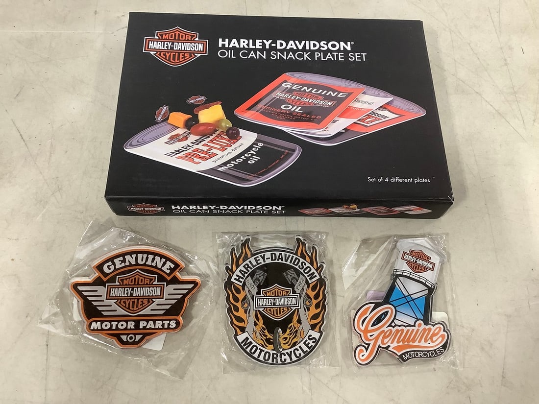 New Harley Davidson lot-oil can snack plate set and magnets: New Harley Davidson lot-oil can snack plate set and magnets