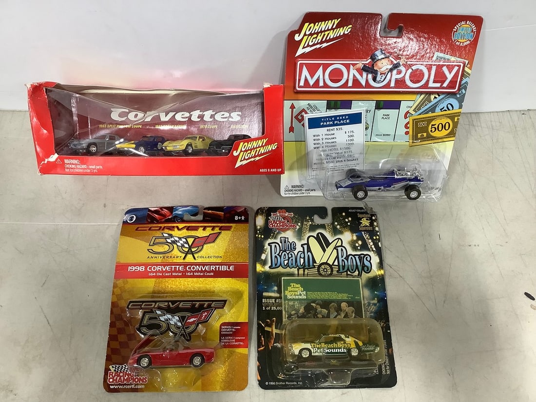 Various diecast collectibles(The Beach Boys, Monopoly, Corvettes-all new in box): Various diecast collectibles(The Beach Boys, Monopoly, Corvettes-all new in box)