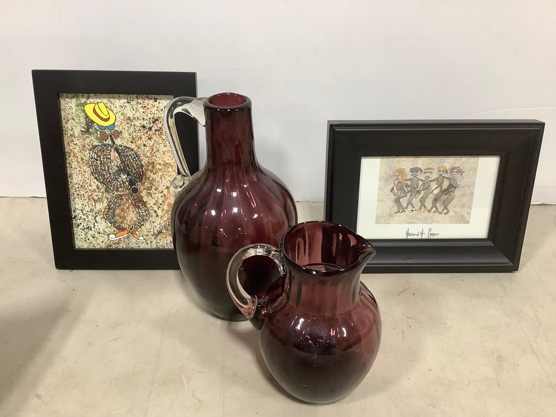 Amethyst Vase/Pitcher, and Various Framed Artwork (9.25in.tallest) (1 of 1)