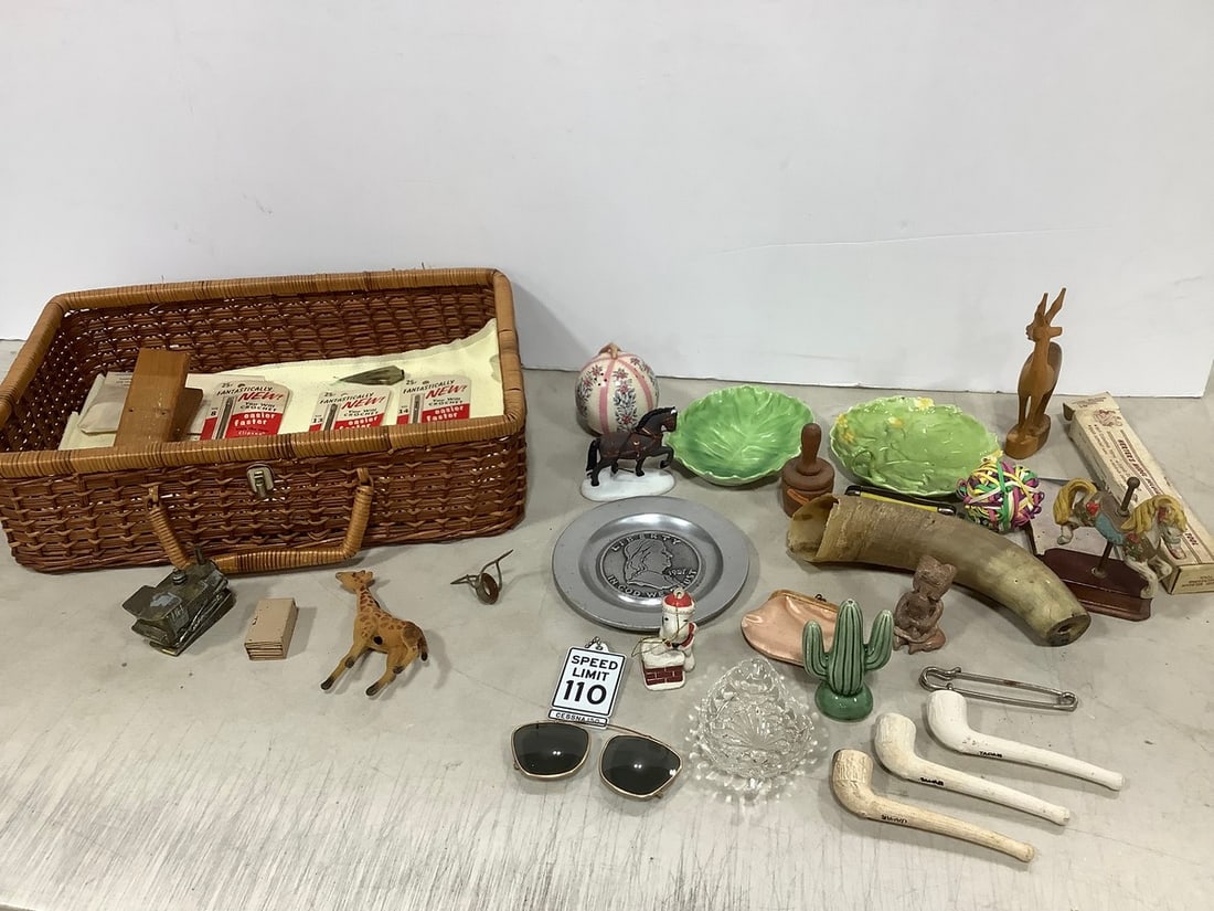 Various Trinkets, Ceramic Plates, Pipes, Wicker Basket (4.5inx10.5inx15.5in), and more (1 of 1)