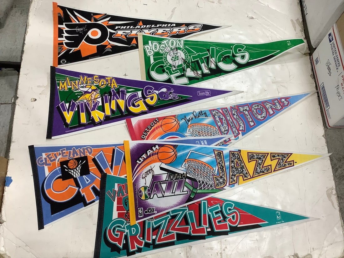 Lot of 1990s signed sports pennants with COAs(Flyers-Juhlin, Vikings-Stewart, Jazz-Ostertag and: Lot of 1990s signed sports pennants with COAs(Flyers-Juhlin, Vikings-Stewart, Jazz-Ostertag and more-about 30in.long)