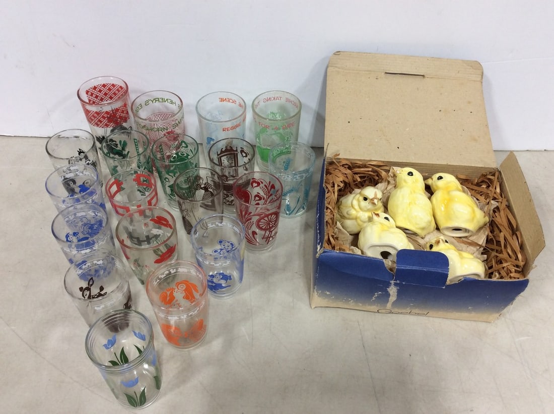 Goebel ceramics and drinking glasses(tallest 5in.): Goebel ceramics and drinking glasses(tallest 5in.)