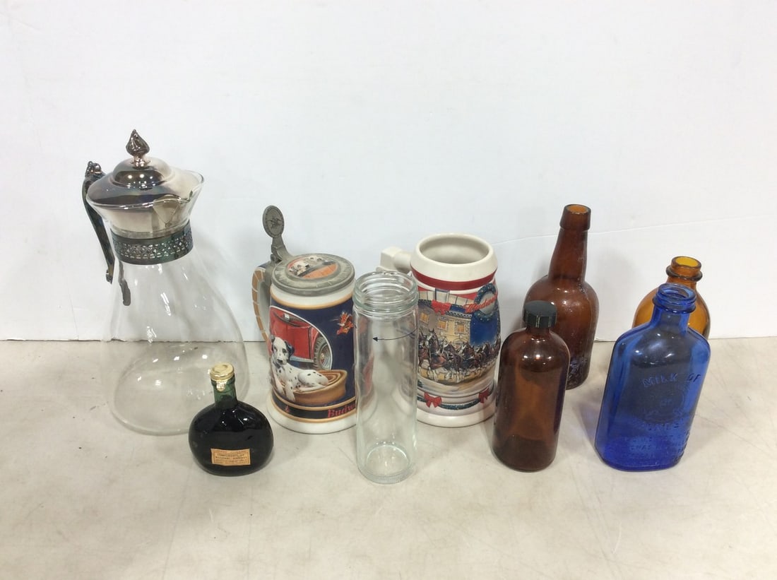 Vintage glass bottles, Budweiser steins,and more (12in.tallest): Vintage glass bottles, Budweiser steins,and more (12in.tallest)