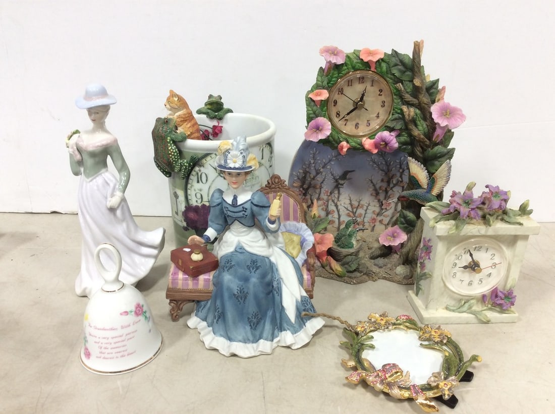 Ceramic bell, clocks, statues, and more(some chipped-tallest 11in.): Ceramic bell, clocks, statues, and more(some chipped-tallest 11in.)