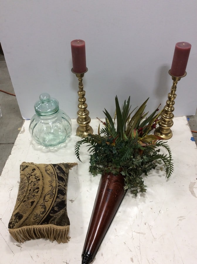 Brass Candle Holders (18in Tall), Wooden Wall Planter, Glass Container, and more: Brass Candle Holders (18in Tall), Wooden Wall Planter, Glass Container, and more