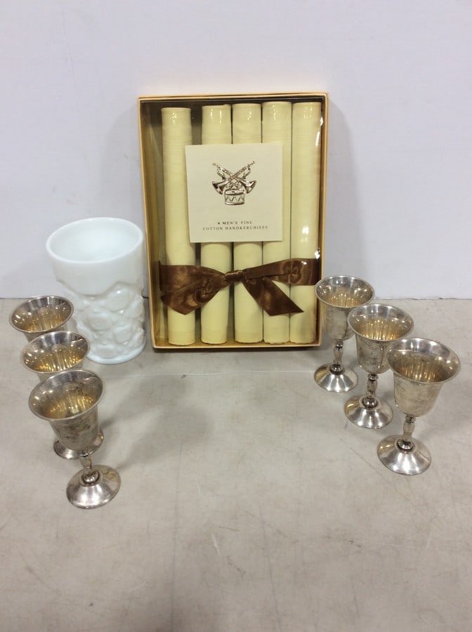 AMC Silver Plate Goblets, Milk Glass Cup (4.75in Tall), and more: AMC Silver Plate Goblets, Milk Glass Cup (4.75in Tall), and more