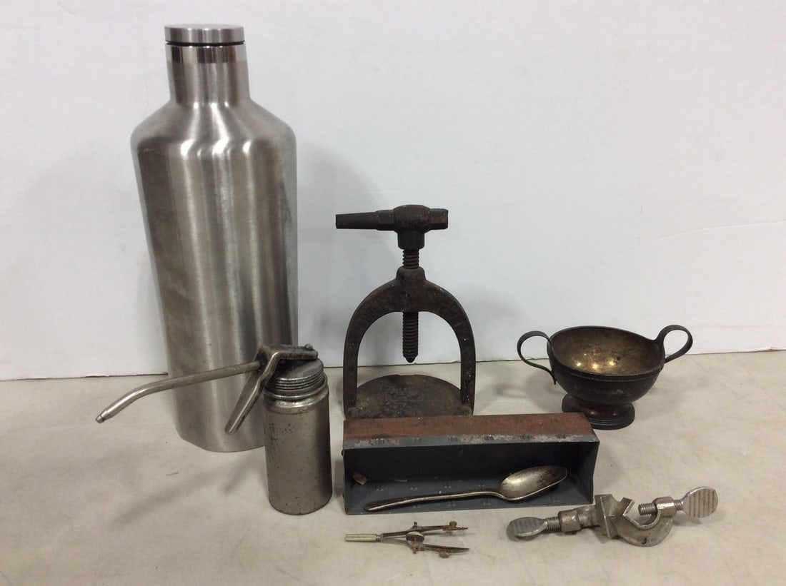 Vintage Oil Can, Metal Bottle (13in Tall), Cast Iron Food Press, and more (1 of 1)