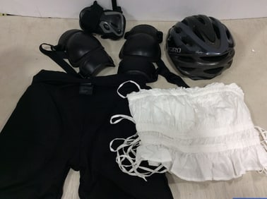 Giro helmet, Black Diamond knee pads, padded shorts, and more