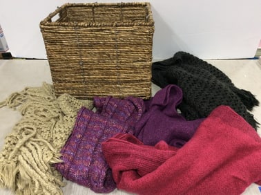 Various scarves in wicker basket(13in.x14in.x11in.)