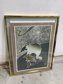 Framed crane family art print by E. Lacy(30in.x38in.)