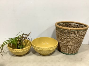 Wicker Basket with Ceramic Bowls (Tallest - 10.5in)