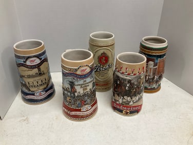 Lot of 5 beer steins 8in tall